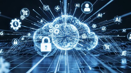 Abstract cloud technology with data connections and icons representing digital communication and security - Powered by Adobe