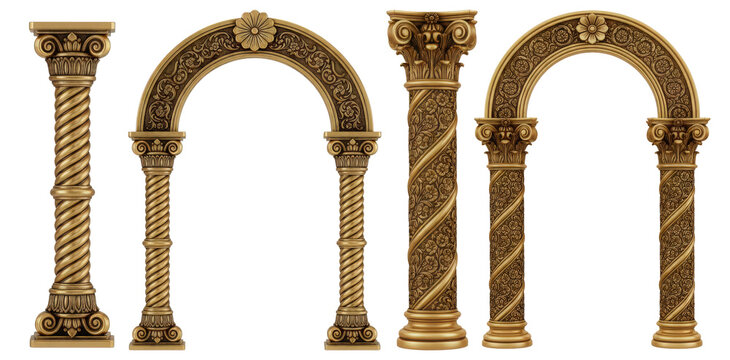 Golden Archway with Floral Embellishments and Classic Fluted Pillars Representing Elegant Architectural Mastery and Timeless Luxury Design.