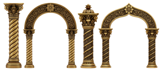 Intricate Golden Architecture Set Featuring Unique Pillars and Multi-Tiered Archways for Historical Visualization and Luxury Branding Projects.