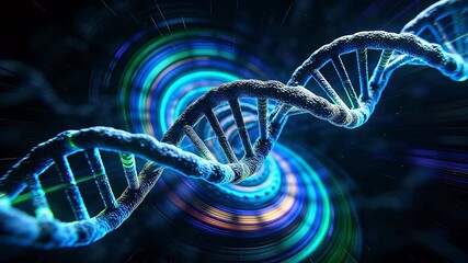 Double helix DNA with vibrant colorful motion trails and deep space perspective - Powered by Adobe