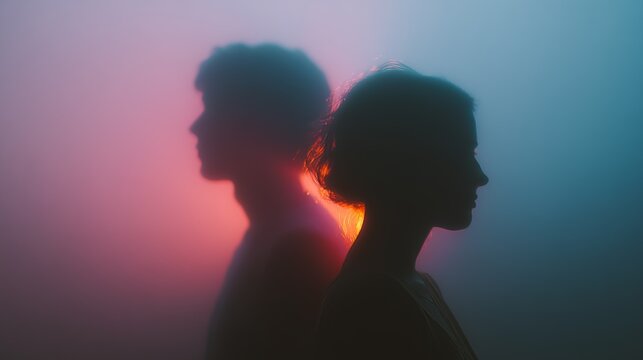 Silhouetted profiles of a man and woman against a colorful, neon-lit background, creating a dramatic and artistic mood.