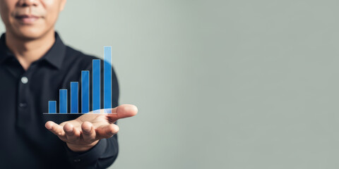 Business growth grow up success concept profit sale revenue graph arrow plan increase financial, businessman hand holding bar chart hologram, copy space