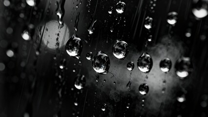 Rain water droplets texture background, realistic condensation on glass window, dark moody atmosphere, pure wet surface detail for design overlays, abstract weather concept, cinematic mood, advertisin