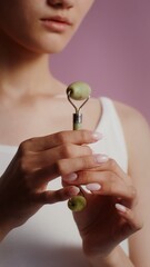A young woman twirls a roller massager in her hands, vertical video, hands close-up