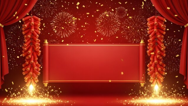 A theatrical stage setting with a central red scroll for text, flanked by hanging firecrackers and golden sparkles for a New Year celebration.