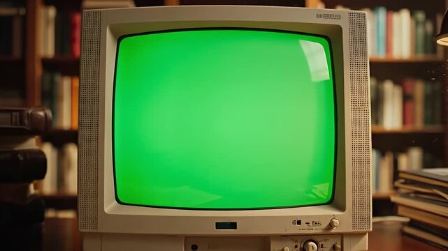 Retro computer monitor on desk with chroma green screen in vintage study room