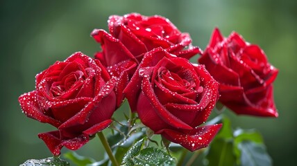 Bouquet of Fresh Red Roses with Water Droplets against Green Background, Floral Beauty