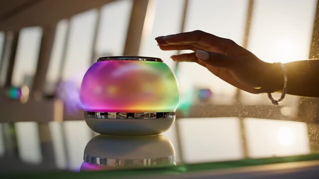 Hand touching wireless smart speaker with illuminated led display on kitchen countertop. Modern technology device represents home audio entertainment, bluetooth connectivity and contemporary lifestyle