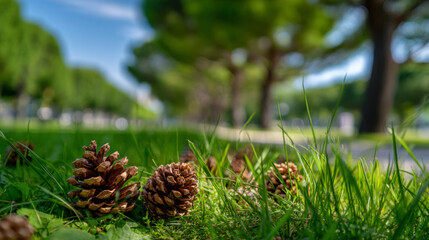 Pine cone grass nature outdoor green closeup tree summer sunlight peaceful leaf forest landscape