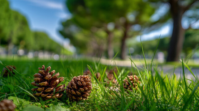 Pine cone grass nature outdoor green closeup tree summer sunlight peaceful leaf forest landscape - Powered by Adobe