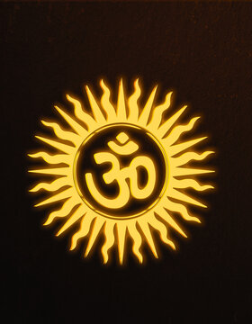 Glowing Neon Sun Symbol with the Om Mantra at the center