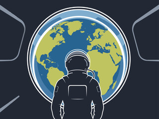 An astronaut gazes at Earth from a spacecraft window, showcasing a stunning space tourism view. Bold design, modern aesthetic, and captivating perspective. © Vector Factory
