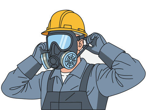 A construction worker dons a gas mask and face shield, prioritizing safety. Clear, professional illustration. Focus on worker protection.