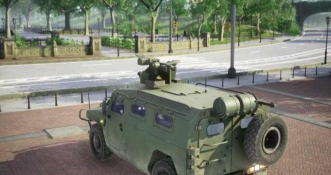 A rugged military vehicle stands on a sunlit street, its turret pointing skyward while trees line the road. Nearby, a serene park adds a tranquil backdrop to the scene.