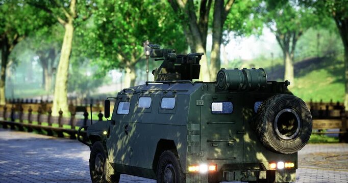A military vehicle maneuvers along a cobblestone path in a vibrant park. Sunlight filters through leafy trees, reflecting a serene yet vigilant atmosphere in early spring.