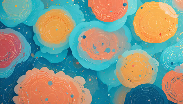 Artistic abstract illustration of stylized circular floral shapes and clouds in teal and orange palette