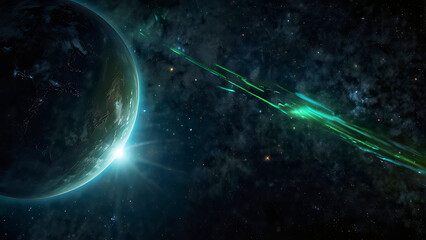 Obraz premium View of Planet Earth from Space with a Glowing Green Energy Beam or Nebula Streak, Cinematic Sci-Fi Space Background with Stars and Rising Sun Light, Cosmic Universe Exploration Concept