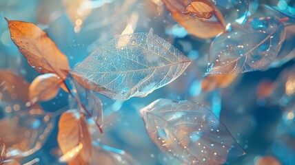 Translucent Blue and Golden Leaves Floating in Dreamy Atmosphere with Soft Bokeh