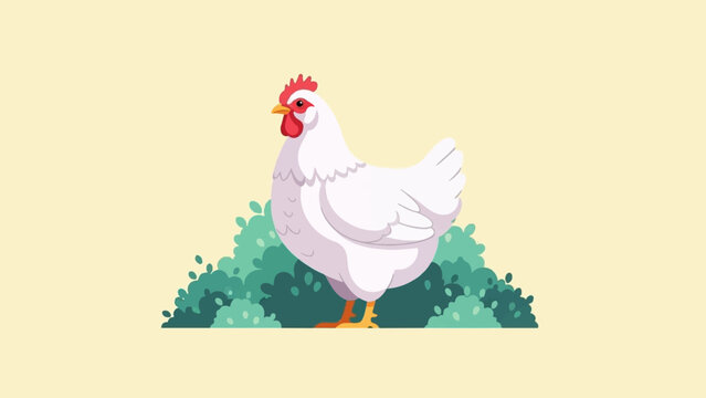 A cute cartoon white hen with a red comb stands among green bushes on a pale yellow background