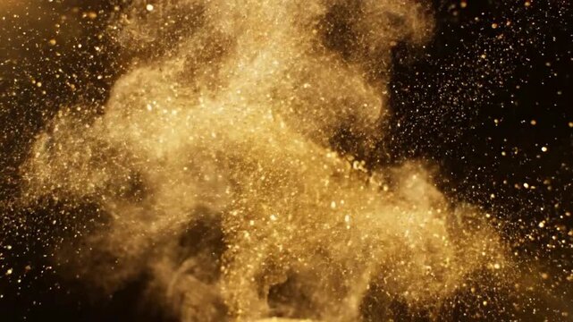 Brilliant gold glitter powder explosion captured midair creating a magical sparkling cloud against a deep dark background perfect for celebration.