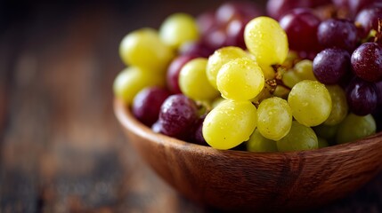 Close-up of fresh green and red grapes with water droplets in a wooden bowl on a rustic wooden surface.