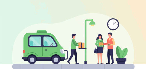 A flat design illustration of a delivery man handing a package to a woman on a street, with a van nearby