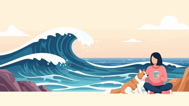 An illustration of a person and a dog relaxing on a sandy beach as large ocean waves crash behind them