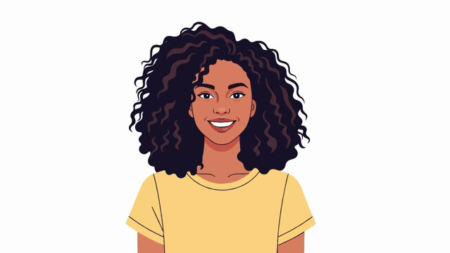 Close-up illustration of a smiling young woman with dark curly hair and a yellow t-shirt on a white background