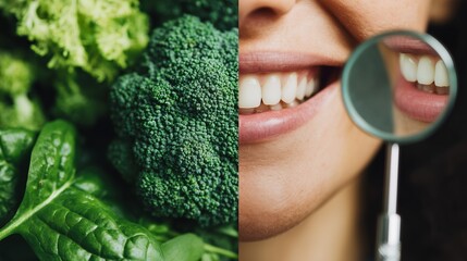 Close-up of leafy greens and broccoli alongside a smiling mouth with dental mirror, illustrating nutrition's role in oral health.