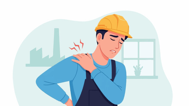 Construction worker in hard hat and overalls, wincing with shoulder pain at a factory site