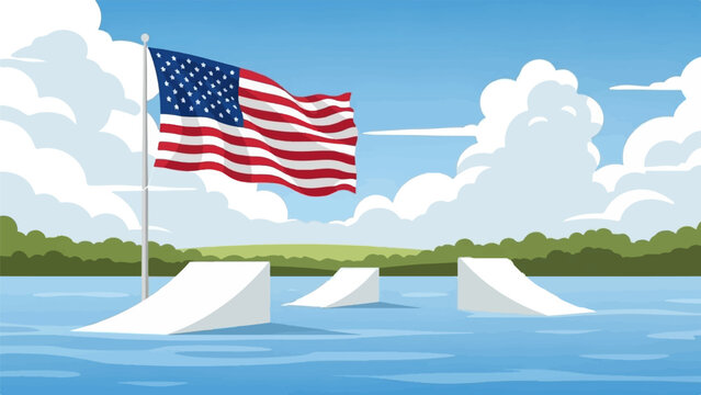 American flag waving over calm blue water with three white wakeboard ramps, green trees, and cloudy sky