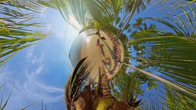 Little Planet View Of Tropical Beach With Man In Hammock Between Palm Trees Surrounded By Sand Sea And Blue Sky Creating Surreal Travel Mood