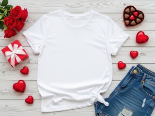 Valentine's day gift idea with white t-shirt and decorative items