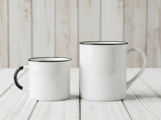 Two white enamel mugs on a rustic wooden surface