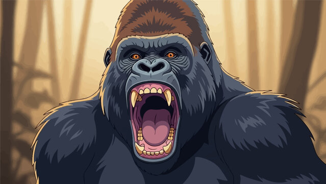Front-facing illustration of a silverback gorilla roaring intensely, mouth open, teeth visible, wild