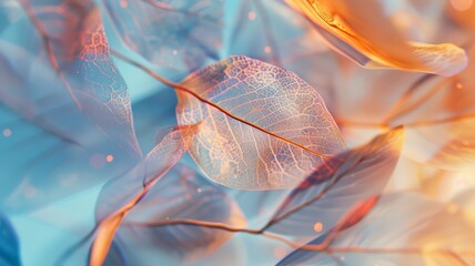 Macro Detail of Transparent Leaf Veins in Warm and Cool Tones, Ethereal Nature Concept