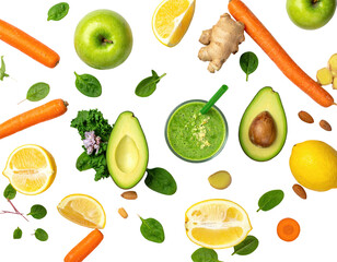 Green smoothie, fruit/veg mix on dark surface overhead