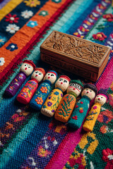 A Guatemalan worry doll set displayed on a colorful handwoven blanket alongside a small wooden box with floral carvings.