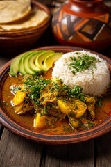 A plate of Guatemalan pepian stew served with rice, fresh tortillas, and green avocado slices on handmade ceramics.