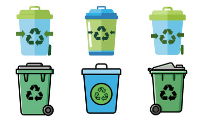 Zero waste recycling bin flat icon set for sustainable living