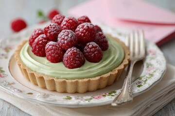 A beautifully crafted dessert tart features a golden, flaky pastry crust generously filled with a creamy, pale green layer, topped with a luscious mound of fresh, vibrant red raspberries. Each berry i