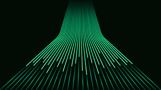 Futuristic background featuring glowing green perspective lines light trails on a black backdrop, symbolizing fiber optics, digital connectivity, and fast internet communication technology.