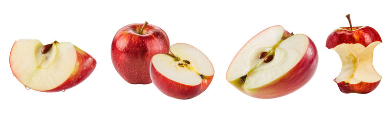 red apples isolated on white background. sliced and whole apples.
