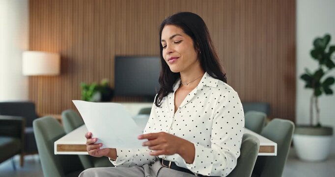 Documents, reading and research with business woman in office for payroll manager, tax ledger and planning. Account report, bookkeeping review and audit paperwork with person in agency for finance