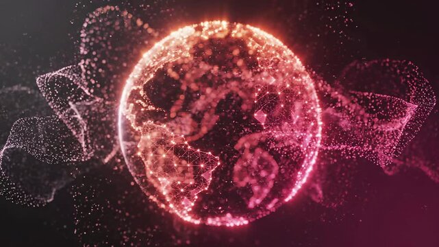 Illuminated globe with connected network particles and glowing continental outlines. Digital world map visualization representing global communication, international business connectivity, data