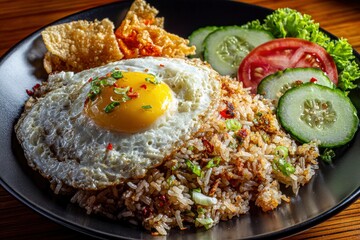 A vibrant and appetizing close-up of a generously portioned meal featuring aromatic fried rice, crowned with a perfectly cooked sunny-side-up egg with a bright yellow yolk. The dish is beautifully gar