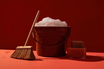 A visually striking still life composition showcasing essential cleaning tools against a bold, monochrome red backdrop. A reddish-brown bucket overflows with white, frothy foam, positioned next to a n