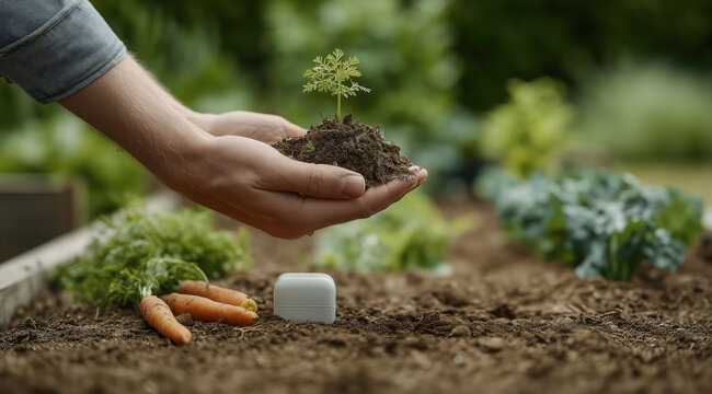 Close up of hands holding young plant with soil and smart sensor in garden for smart farming and agritech concept
