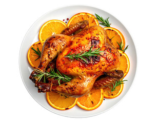 Roasted chicken on orange slices. Herbs garnish