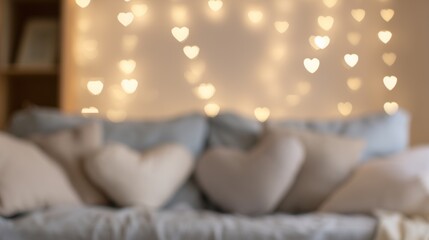 Blurred defocused Cozy sofa with heartshaped cushions and warm fairy lights creating soft heart bokeh, neutral textiles and plush pillows for relaxed home Valentine